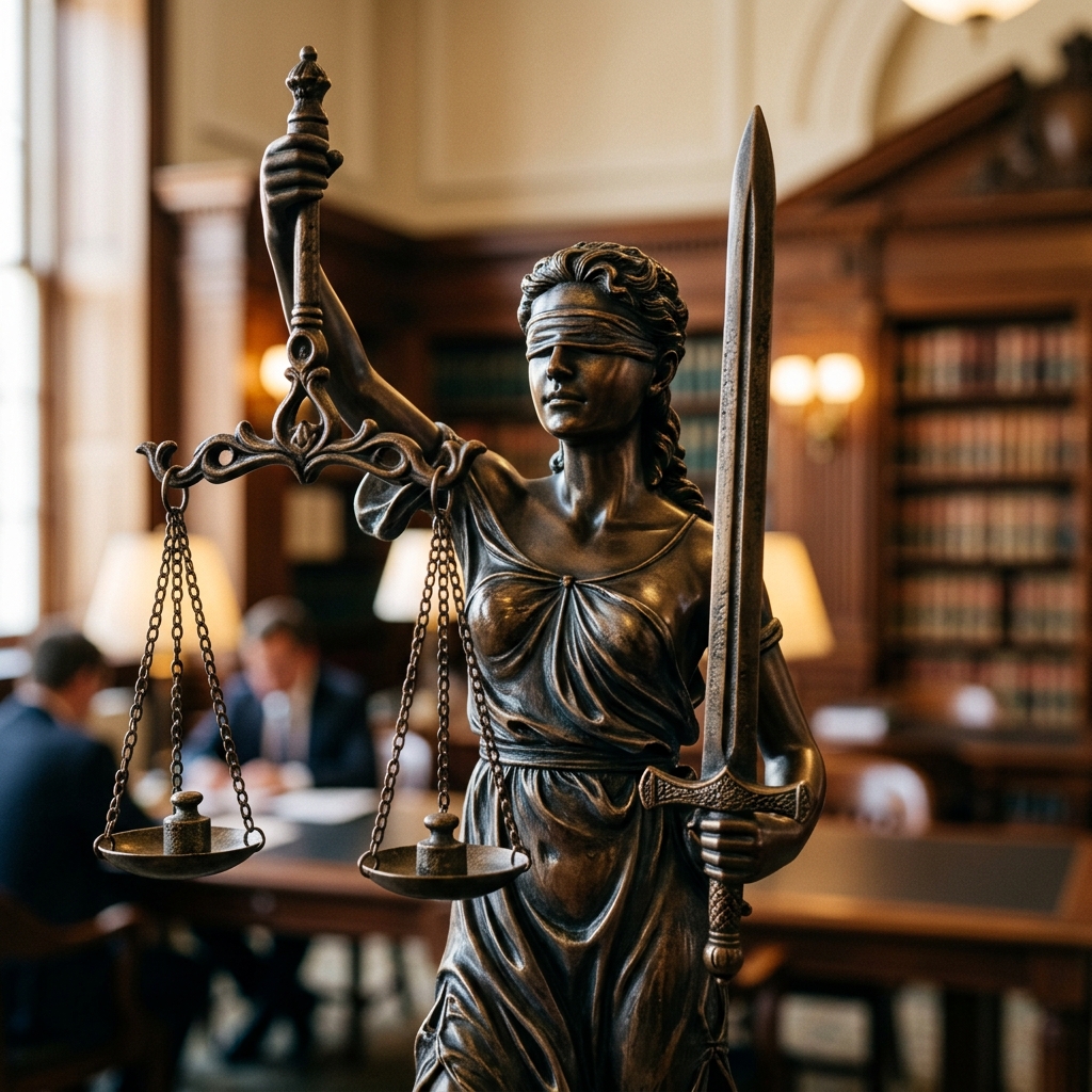 Estatua de la Dama de la Justicia en bronce, con balanza y espada
